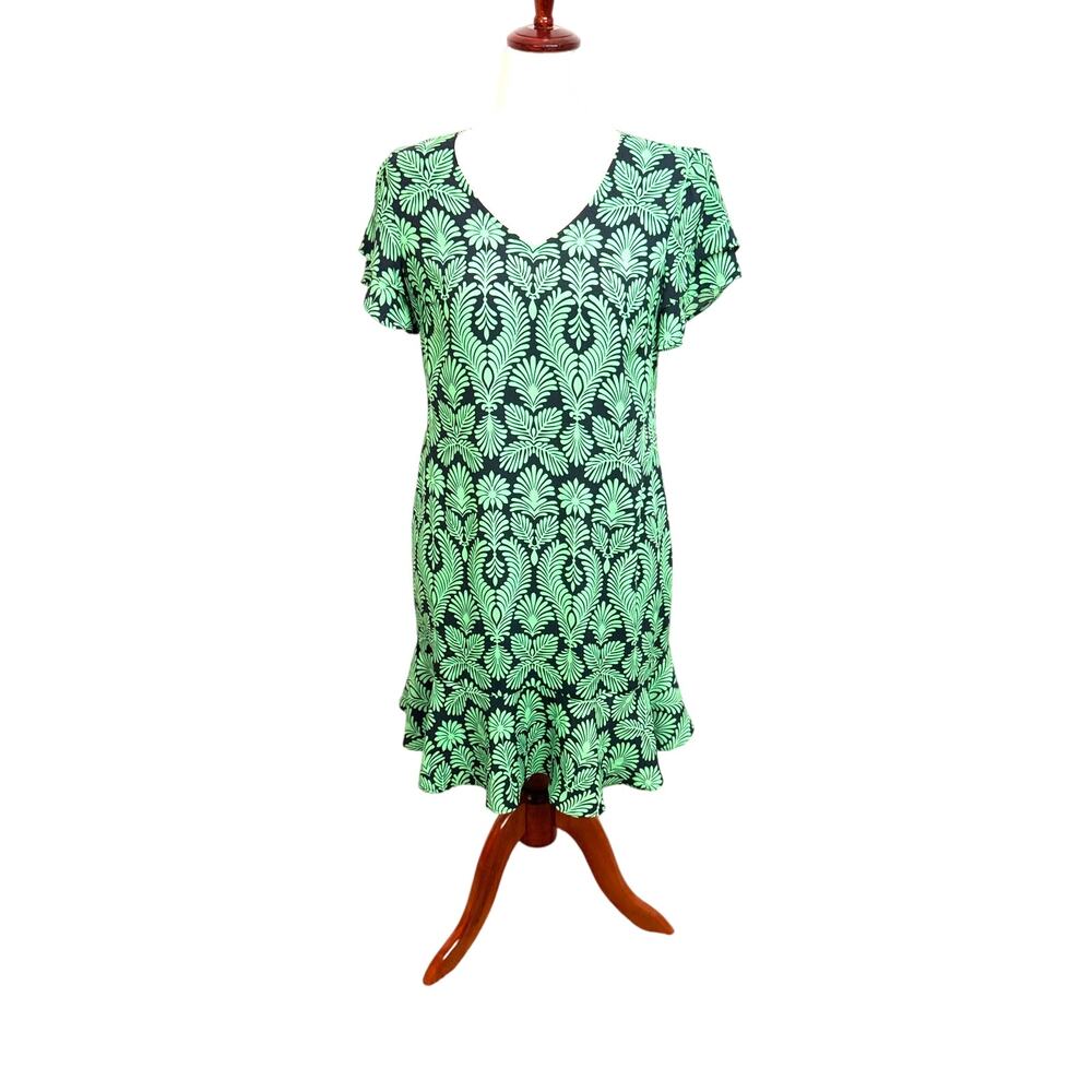 CAbi Palmette dress green Navy blue botanical pattern popover v neck flounce  S